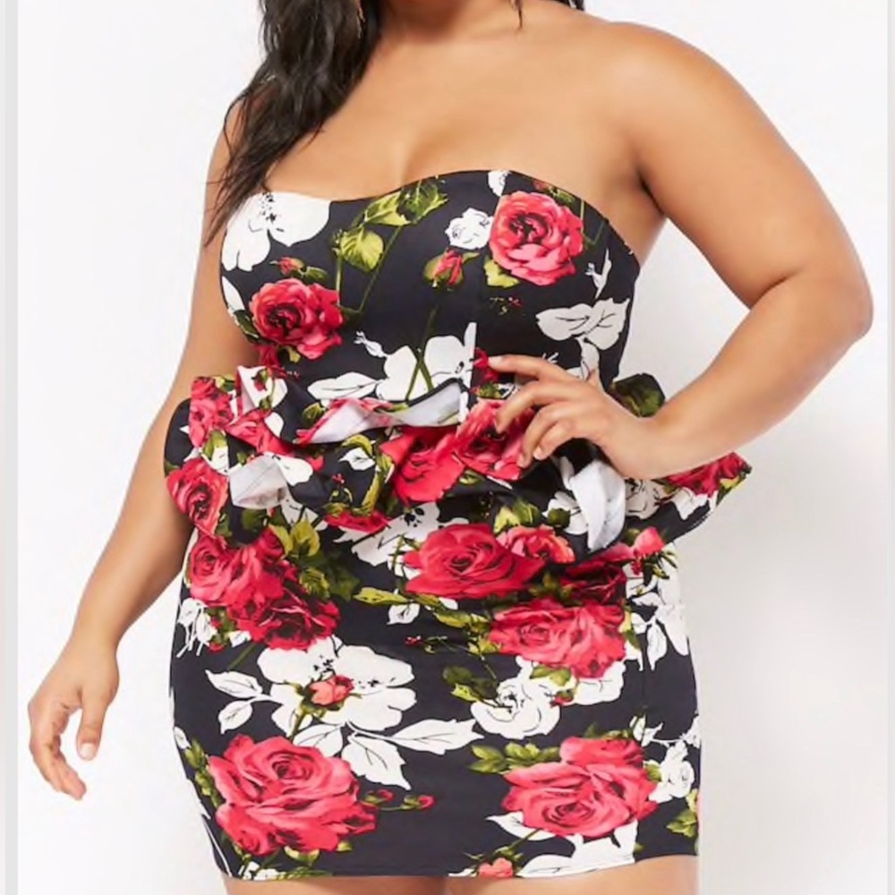 Strapless Black Floral Mini Dress with Red Roses